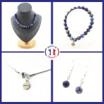 Parure bracelet collier boucles d'oreilles pendantes 20 perles lapis taille personnalisable.