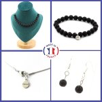 Parure bracelet collier boucles d'oreilles pendantes 20 perles lave 8 taille personnalisable.