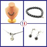 Parure bracelet collier boucles d'oreilles puces 10 perles h�matite 8 taille personnalisable.