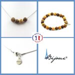 Parure bracelet collier perles jaspe paysage + bois 8 mm. chaine en taille personnalisable.