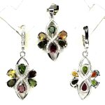Parure tourmaline multicolore argent 925. pendentif + chaine, boucles d'oreille Parure tourmaline multicolore argent 925. pendentif + chaine, boucles d'oreille