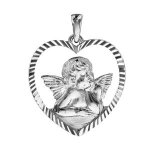 Pendentif argent rhodi coeur ange contour ajour diamant