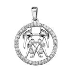 Pendentif argent rhodi zodiaque gmeaux rond contour oxydes blancs sertis