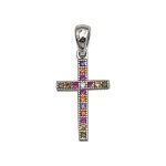 Pendentif croix argent rhodi empierree multi couleur dim 15 mm x 9 mm