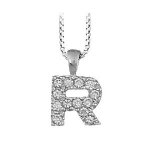 Pendentif lettre   r   en argent rhodi serti de zirconias + collier en argent rhodi maille carre