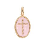 Pendentif plaqu� or ovale croix sur fond rose pale oxydes blancs sertis