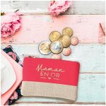 Promotion ! porte - monnaie toile 'maman en or' rose corail beige - 12x8 cm