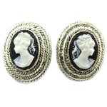 Les trsors de lily [p9383] - clips d&oreilles artisanales &divine camee& noir argent - 25x20 mm