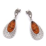 Les tr�sors de lily [q1809] - boucles argent 'inspiration' ambre cognac (rhodi�) - 40x15 mm
