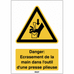 Autocollant toughwash avec texte iso 7010 - danger: ecrasement de la main dans l'outil d'une presse ...