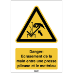 Autocollant toughwash� iso 7010 - danger : ecrasement de la main entre une presse plieuse et le mat�riau ...