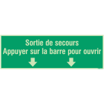 Panneau et autocollant d'�vacuation photoluminescents - sortie de secours appuyer sur la barre pour ouvrir ...