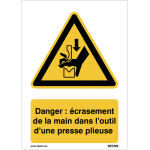 Panneau iso 7010 - danger : �crasement de la main dans l'outil d'une presse plieuse - w030