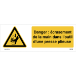 Panneau iso 7010 - danger : �crasement de la main dans l'outil d'une presse plieuse - w030