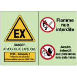 Panneau photoluminescent - danger atmosph�re explosive cat�gorie 1 avec consignes de s�curit�