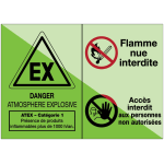 Panneau photoluminescent - danger atmosph�re explosive cat�gorie 1 avec consignes de s�curit�