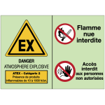 Panneau photoluminescent - danger atmosph�re explosive cat�gorie 2 avec consignes de s�curit�
