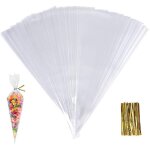 100pcs cone bags, 25 x 13cm clear cello treat bags avec des cravates dor�es twist, doux