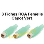 3 fiches audio rca femelle capot plastique vert pour cable de 4 mm maximum