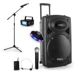 Public adress mobile mp3 700w + 3 mic port12vhf - bt + pied pour chant + mini strobe + effet ovni lytor ...