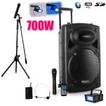 Public adress mobile mp3 700w + 3 mic port12vhf - bt + pied pour chant + mini strobe lytor