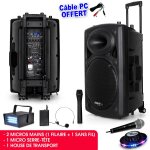 Public adress mobile mp3 800w + 3 micros port15vhf - bt + c�ble pc + effet ovni roundmagic + mini strobe ...