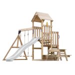 Axi mette aire de jeux en bois avec 2 balan�oires, toboggan blanc, table de pique nique / aire de jeux ...