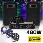 Boost dj - 300 pack sonorisation avec enceintes table de mixage amplificateur 480w + pack de 3 jeux lumire ...