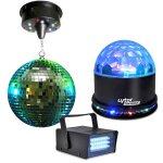 Boules à facettes 20cm + moteurs 18 led + mini strobe + sunmagic Boules à facettes 20cm + moteurs 18 led + mini strobe + sunmagic