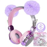 Casque sans fil pour enfants, oreilles d'ours  pompon, casque amlior avec micro, bandeau rglable, ...
