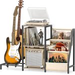 Chenquansarl - meuble platine vinyle avec rangement a 3 niveaux et support guitare, table tourne - disque ...