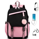 Couleur bloqué sac à dos, usb casque jack collège étudiante femme sac scolaire - rose Couleur bloqué sac à dos, usb casque jack collège étudiante femme sac scolaire - rose
