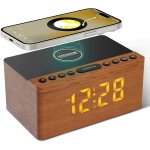 Enceinte bluetooth r�veil en bois avec radio fm, chargement sans fil pour iphone / samsung, port de charge ...