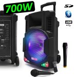 Enceinte mobile 700w sono active karaoke dj 12  autonome batterie led rvb + 2 micros vhf + fil usb / ...