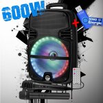 Enceinte sono mobile my deejay mdj12 ring � leds rvb 600w 12  usb, bluetooth, tws, micros vhf et filaire, ...