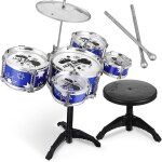Ensemble de batterie pour enfants  kit complet avec tambourins, cymbales, baguettes et tabouret  bleu, ...