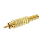 Fiche audio rca male capot metal dore filet de reperage jaune contacts a souder pour cable 6 mm