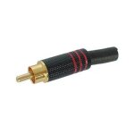 Fiche rca male - connexions dorees - boitier metallique couleur noir - filet de reperage rouge - pour ...