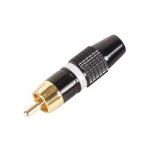 Fiche rca male - connexions dorees - capot metal couleur noir - filet de reperage blanc - pour cable ...