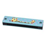 Harmonica de motif de girafe en bois harmonica a rangees doubles 32 trous pour enfants bleu
