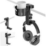 Kalanka - support casque audio sous le bureau, 2 en 1 porte gobelet bureau, porte casque rotatif sous ...