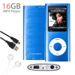 Lecteur mp3 mp4 player 16go (bleu) vido radio fm musique jeux + ecouteurs + cable usb + housse