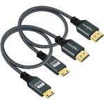 Mini cbles hdmi 0, 3m lot de 2 - nylon tress mini hdmi c vers full hdmi a pour 3d / 4k 60hz 1080p, ...