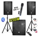 Pack sono 2200w - enceintes 12  + caisson 15  + pieds + micro uhf - usb / bluetooth + cbles