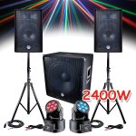 Pack sono 2400w - 2 enceintes 30cm + sub 46cm + cbles + 2 lyres  leds dmx rvb + blanc 4w