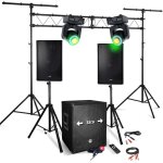 Pack sono dj 1512 2200w enceintes + subwoofer usb / bluetooth - 2 lyres dmx 12 canaux, source 1x led ...