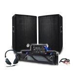 Pack sono dj bm sonic amplificateur 1000w, paire d'enceintes passives 2x400w, table de mix, casque, c�bles ...