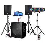 Pack sono dj enceinte + caisson de basses usb bluetooth + pieds + cables hp / pc offerts, 4 par led, ...