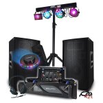 Pack sono mega bass dj 3200w bm sonic, ampli 2000w, enceintes 1200w, table de mixage, portique + 48 effets ...