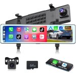 Podofo rtroviseur dashcam sans fil carplay android auto, 9, 66 pouces hd 1080p ips ecran tactile double ...